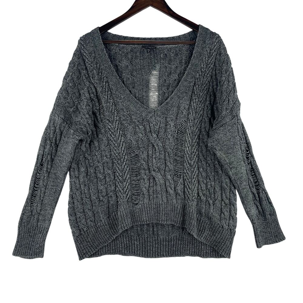 Express Womens Distressed Cable Knit V-Neck Sweater L Gray Oversized Pullover